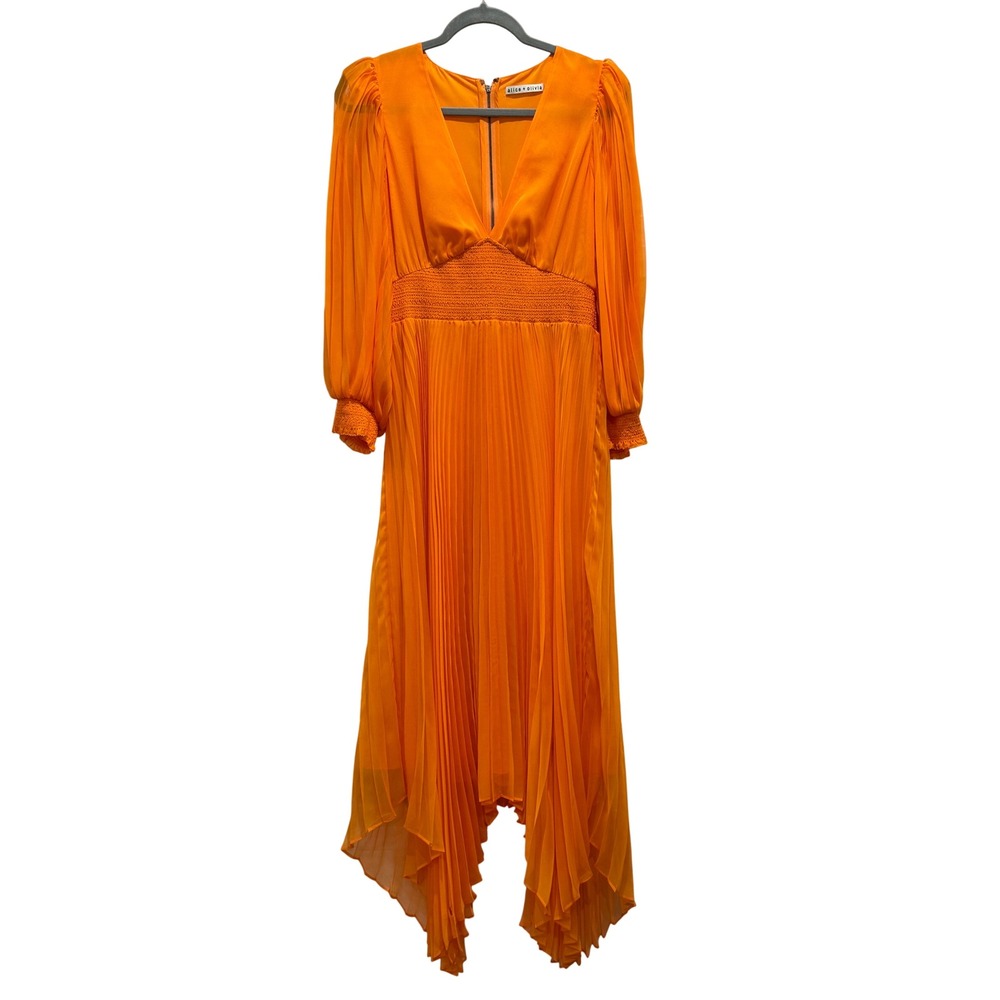 Alice + Olivia Pleated Maxi Dress Womens 8 Orange V-Neck Smocked Waist Delora